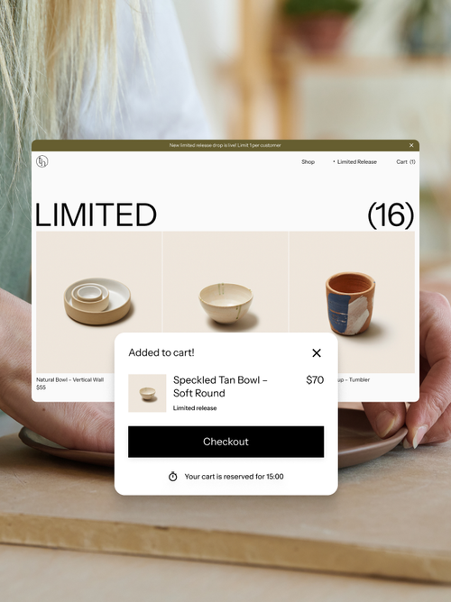 A potter holds a ceramic plate while a limited-release ceramics storefront is overlaid, showing handmade bowls and an "added to cart" confirmation.