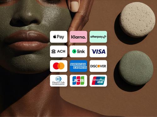 A grid of logos for various global payment methods and credit cards, including Apple Pay, Klarna, Afterpay, ACH, Link, Visa, Mastercard, American Express, and Discover.
