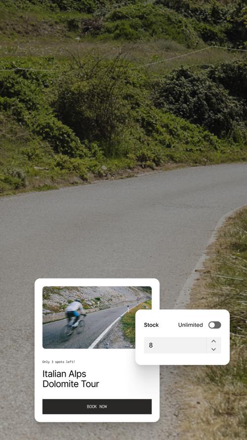 A product listing for an Italian Alps cycling tour showing "Only 3 spots left!" with a stock settings panel.