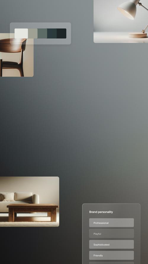 Quadro semântico para um moderno design de interiores, com três fotos minimalistas: uma cadeira de jantar de madeira com encosto curvo; uma luminária de mesa branca com braço ajustável; e uma sala de estar com sofá creme e mesa de centro de madeira. Um painel sobreposto lista os traços de personalidade da marca, incluindo profissional, sofisticado, simpático, divertido, ousado, peculiar e inovador.
