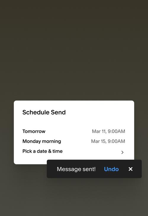 An image that features the UI of an email with options to let you schedule send an email to tomorrow, Monday morning, or a custom date and time