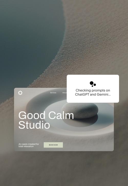 A página inicial do Good Calm Studio, publicada com o slogan "Um oásis criado para o relaxamento total" e um botão "Reserve agora", ao lado de um cartão com a inscrição "Verificando sugestões no ChatGPT e Gemini...".