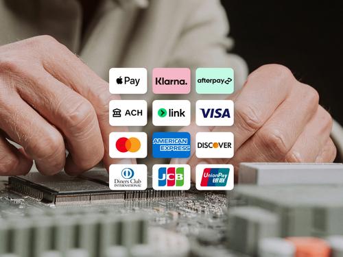 A grid of logos for various global payment methods and credit cards, including Apple Pay, Klarna, Afterpay, ACH, Link, Visa, Mastercard, American Express, and Discover.