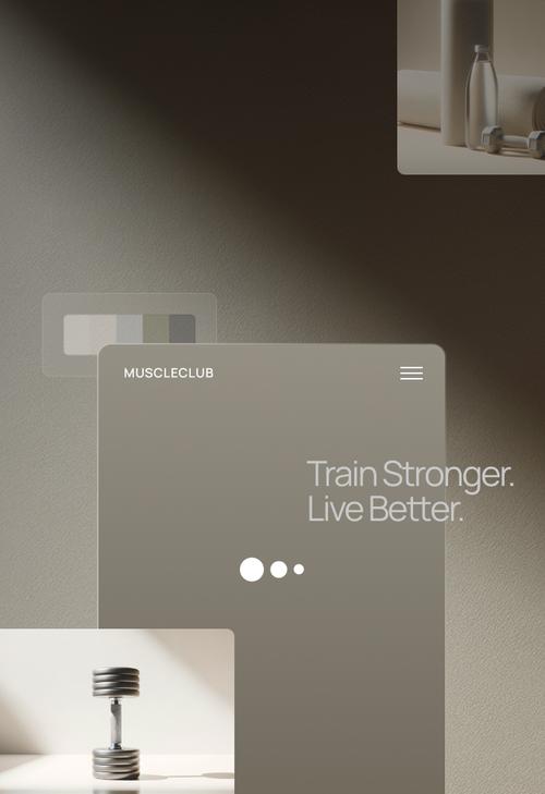 Um tablet exibindo um site de fitness com o título "Treine Mais Forte". Viva melhor.’ rodeado por uma paleta de cores flutuante e duas fotos de produtos: uma garrafa de água, um haltere e um tapete de ioga enrolado.
