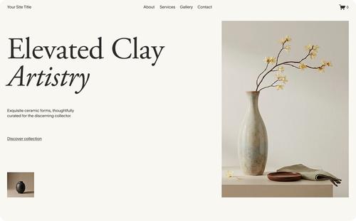A Squarespace website template for a ceramics business, showing a hero image of a vase and a "Discover collection" link