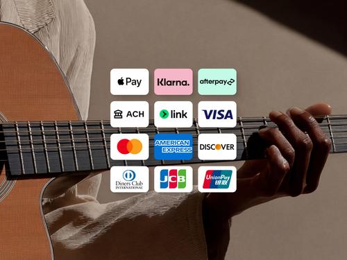 A grid of logos for various global payment methods and credit cards, including Apple Pay, Klarna, Afterpay, ACH, Link, Visa, Mastercard, American Express, and Discover.
