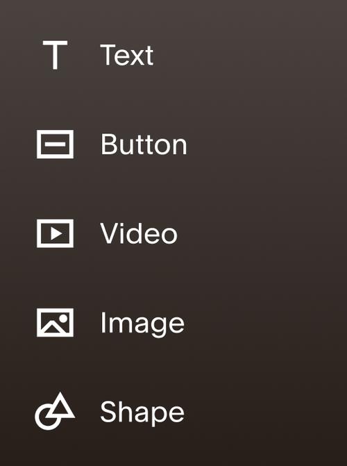 A Squarespace content picker menu with options for Text, Button, Video, Image, and Shape