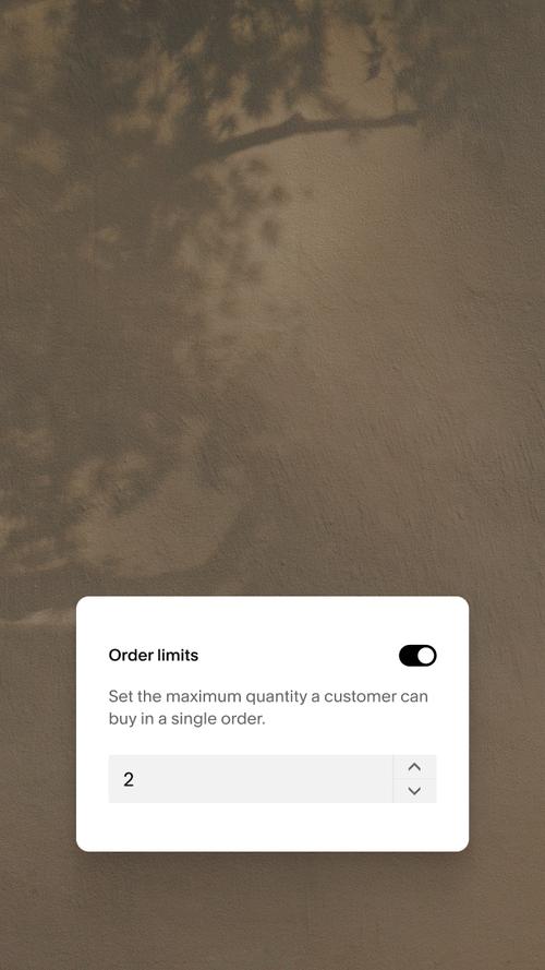 A product settings panel with an order limits toggle enabled, set to a maximum of 2 per order.