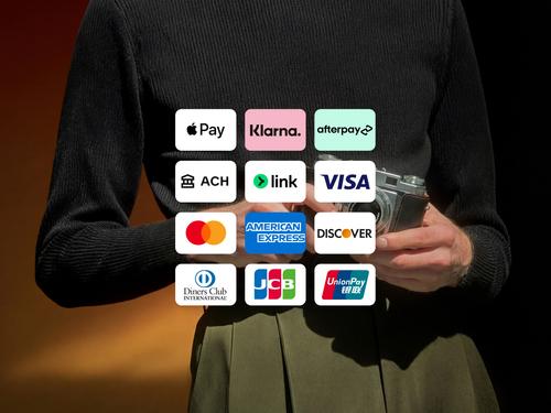 A grid of logos for various global payment methods and credit cards, including Apple Pay, Klarna, Afterpay, ACH, Link, Visa, Mastercard, American Express, and Discover.