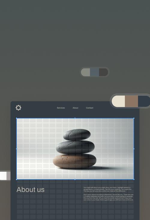 Um site de bem-estar gerado automaticamente, aberto no editor, com uma foto de pedras de meditação empilhadas selecionada na grade de layout acima da seção "Sobre nós".