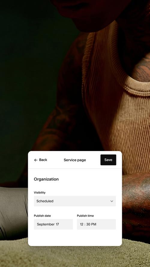 A service page editor with visibility set to "Scheduled" and a publish date of September 17 at 12:30 PM.