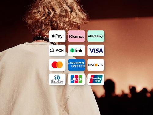 A grid of logos for various global payment methods and credit cards, including Apple Pay, Klarna, Afterpay, ACH, Link, Visa, Mastercard, American Express, and Discover.