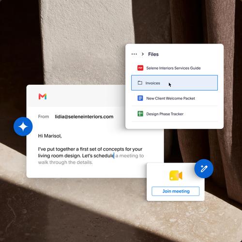 A sunlit plaster wall and stone ledge overlaid with a Gmail draft from lidia@seleneinteriors.com, a Google Drive file list, and a Google Meet join meeting card.