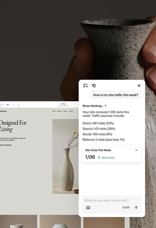 An AI assistant panel answering ’How is my site traffic this week?’ with a breakdown of 1,130 visits by source, open beside a furniture site headlined ’Designed For Living’.