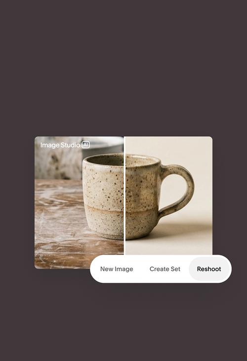 A speckled ceramic mug shown as a before-and-after split image labelled ’Image Studio AI’, alongside New Image, Create Set, and Reshoot options.