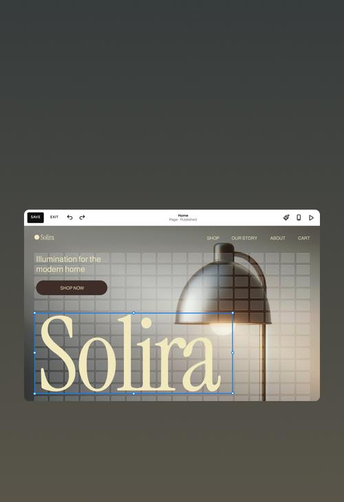 O editor do Squarespace abriu na página inicial de uma marca de iluminação com o título "Iluminação para a casa moderna", com a marca "Solira" selecionada na grade de arrastar e soltar e alças de redimensionamento ao redor.