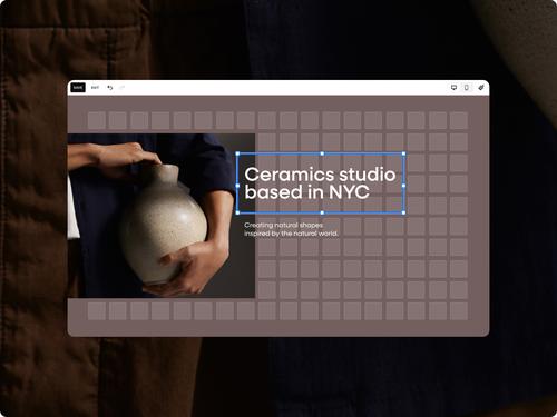 Fluid Engine editor with a selected text block on a ceramics studio website