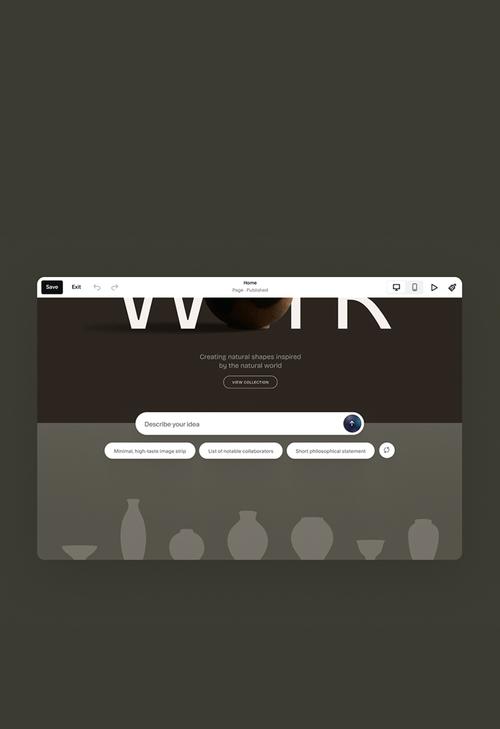 O editor do Squarespace aberto em um site de cerâmica, com um campo de texto "Descreva sua ideia" e sugestões de seções como "Faixa de imagens minimalista e de bom gosto", "Lista de colaboradores notáveis" e "Breve declaração filosófica".