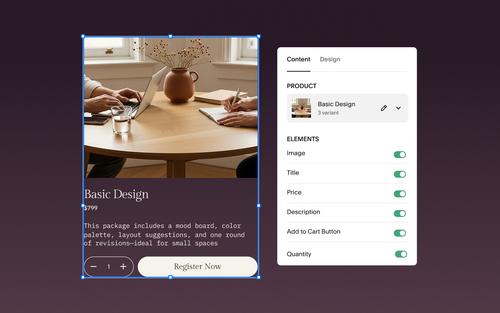 A product block for an interior design package being edited alongside a panel of toggles for its image, title, price, and other elements.