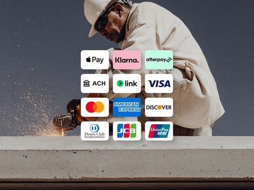 A grid of logos for various global payment methods and credit cards, including Apple Pay, Klarna, Afterpay, ACH, Link, Visa, Mastercard, American Express, and Discover.