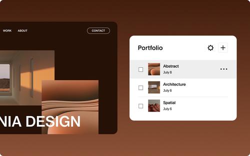 A design studio website next to a portfolio manager listing its Abstract, Architecture, and Spatial projects.