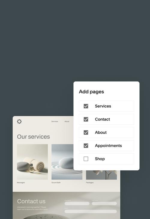 Um menu "Adicionar páginas" com as opções Serviços, Contato, Sobre e Agendamentos selecionadas e a opção Loja desmarcada, abre sobre as seções "Nossos serviços" e "Fale conosco" de um site de bem-estar.