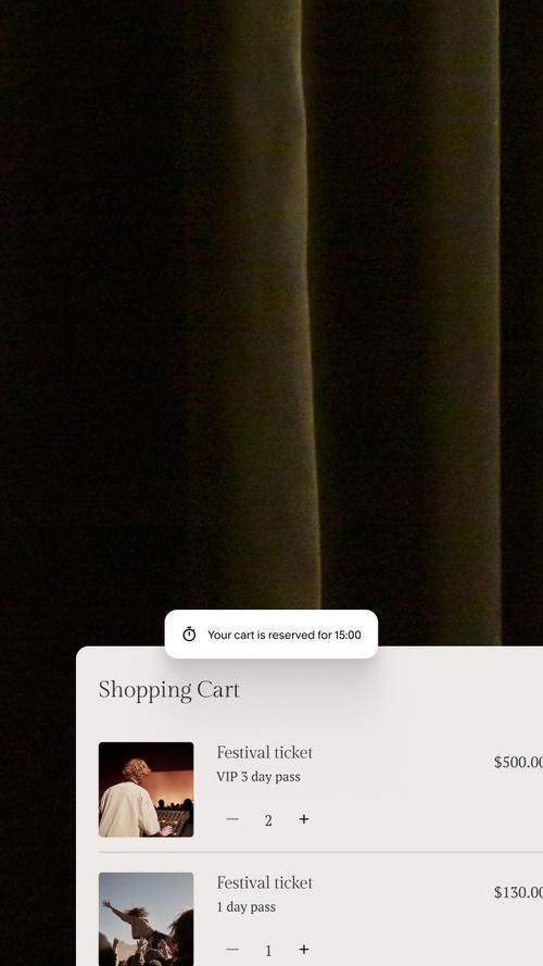 A shopping cart with festival tickets reserved, showing a "Your cart is reserved for 15:00" countdown notification.