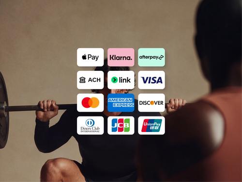 A grid of logos for various global payment methods and credit cards, including Apple Pay, Klarna, Afterpay, ACH, Link, Visa, Mastercard, American Express, and Discover.