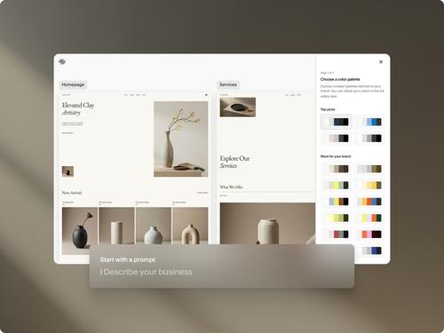 Blueprint AI interface showing a generated website preview with a color palette picker and prompt input