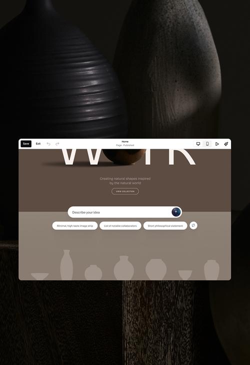 The Squarespace editor open on a ceramics site, with a ’Describe your idea’ prompt field and suggested section pills, framed by dark ceramic vases.