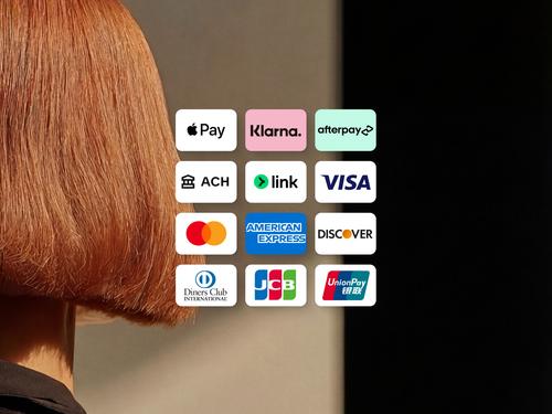 A grid of logos for various global payment methods and credit cards, including Apple Pay, Klarna, Afterpay, ACH, Link, Visa, Mastercard, American Express, and Discover.