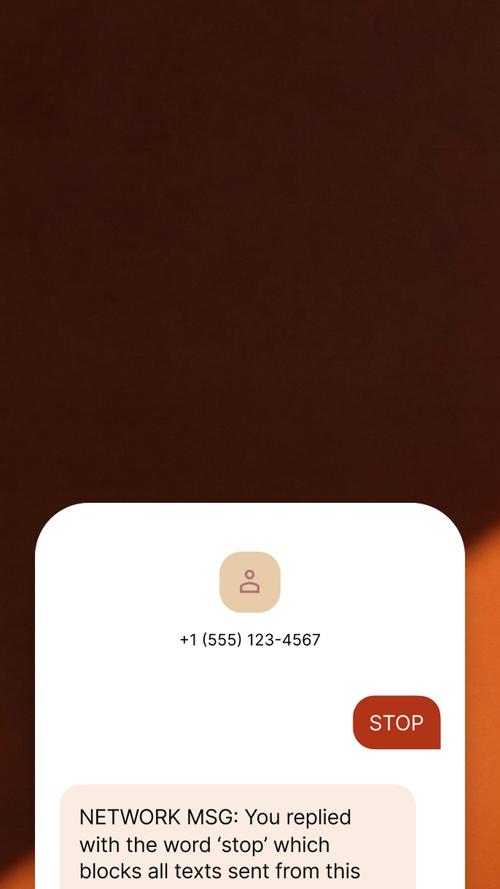 Interfaccia utente che mostra una conversazione di testo in cui un destinatario ha risposto STOP e ha ricevuto una conferma automatica circa l'interruzione dell'invio di messaggi da quel numero.