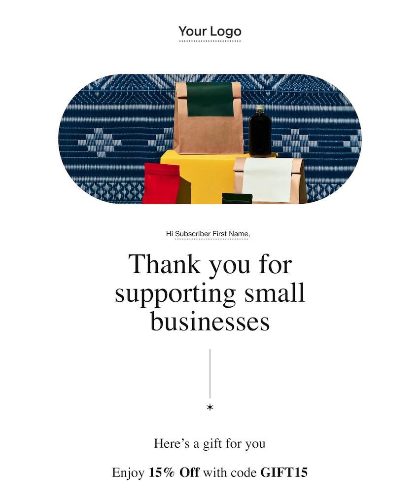 电子邮件活动模板，感谢您支持小企业的消息。