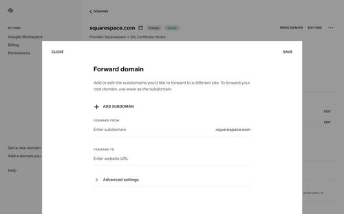 Domain forwarding rules available in the Squarespace Domains settings panel.
