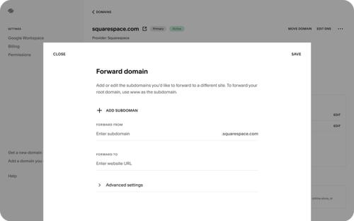 Domain forwarding rules available in the Squarespace Domains settings panel.