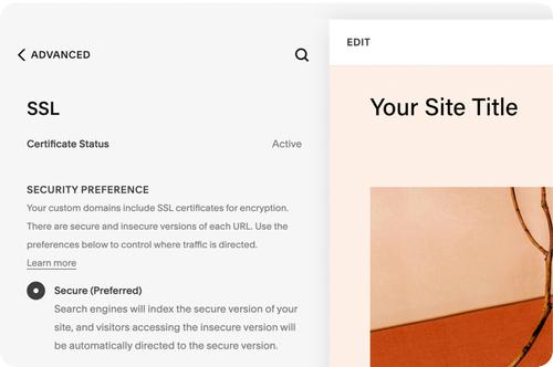SSL certificate status and preferences in the Advanced settings panel of Squarespace Domains.
