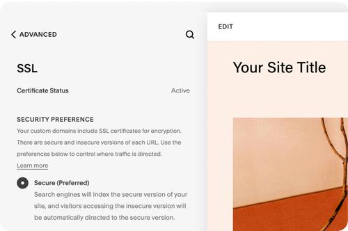 SSL-Zertifikatsstatus und -einstellungen im Menü „Erweiterte Einstellungen“ von Squarespace Domains.