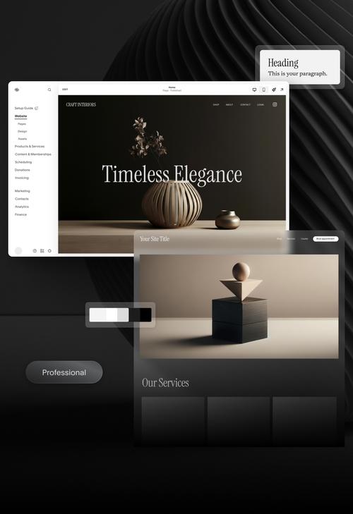 Un editor di siti web mostra "Timeless Elegance" con elementi dell'interfaccia utente intorno.