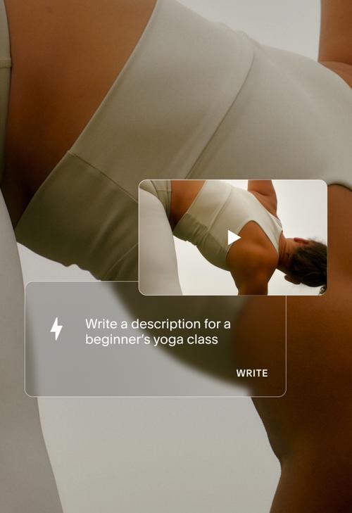 Close-up de uma mulher em pose de ioga, vestindo roupa bege contra um fundo neutro. Interface translúcida que inclui instruções para a IA descrever uma aula de ioga para iniciantes, criando uma atmosfera calma e focada.