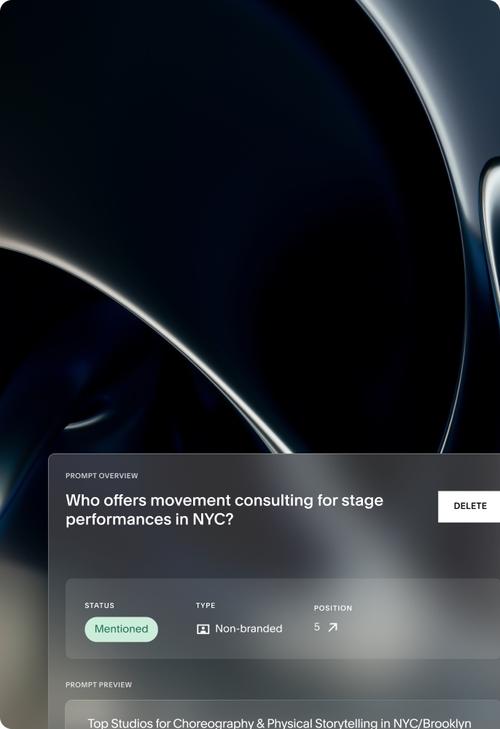 UI showing an example prompt that could be asked in an AI search engine, and whether or not your site was mentioned.