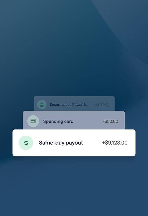 Stack of UI cards highlighting same-day payout, spending card, and Squarespace rewards.