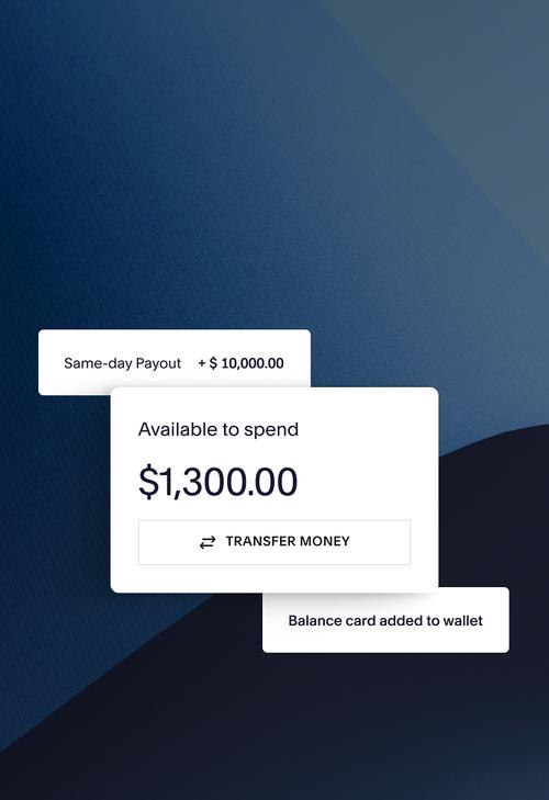 UI showing $1,300 available to send, as well as a same-day payout of $10,000.