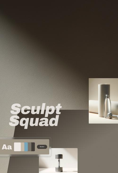 Ein Fitness-Markenidentitätsdesign für „Sculpt Squad“ mit dem Unternehmensnamen in fetter Kursivschrift und einer Styleguide-Komponente, die die Typografie („Aa“) und Markenfarben in Weiß, Hellblau und Schwarz zeigt. Das Design umfasst zwei minimalistische Produktfotos: eines von einer Wasserflasche mit Hanteln und eines von einer verstellbaren Hantel vor einem neutralen Hintergrund. Die Navigationsmenüpunkte „Über“ und „Unser Versprechen“ sind oben rechts sichtbar.