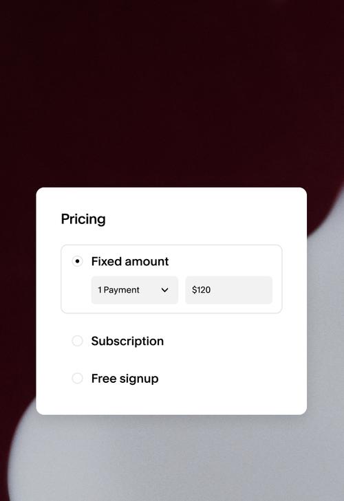 Pricing module showing flexibility in pricing amount, number of payments, subscription availability, or free-access.