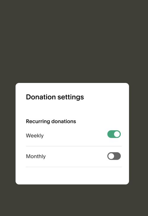 Donations settings panel showing weekly recurring donations toggled on and monthly donations toggled off.