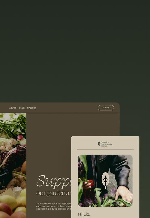 Página web con imágenes de productos frescos que promocionan donaciones a huertos con un mensaje que fomenta el apoyo a los productores locales.