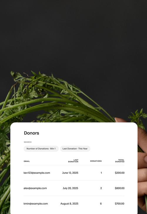 Panel de gestión de donantes con los correos electrónicos de los donantes, fechas de la última donación, cantidad de donaciones e importes totales donados.