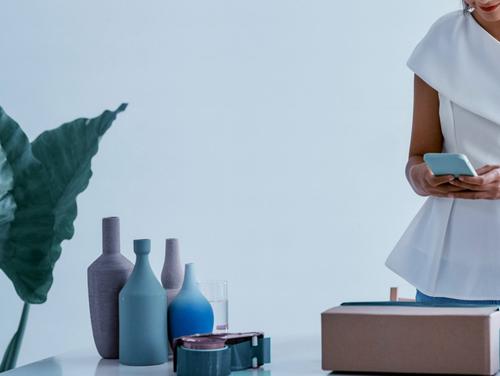 Persona que sostiene un teléfono inteligente mientras está de pie junto a una mesa con jarrones decorativos, una caja de cartón y una planta de hoja grande en el fondo.