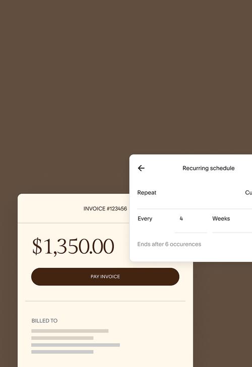 Recurring invoice schedule showing $1,350 payment set to repeat every 4 weeks for 6 occurrences.