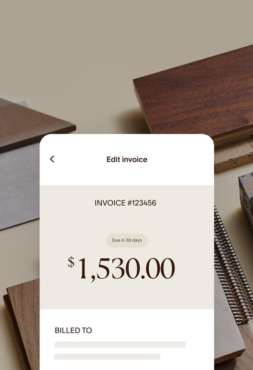Edit invoice screen showing Invoice #123456 with a balance of $1,530 due in 30 days.
